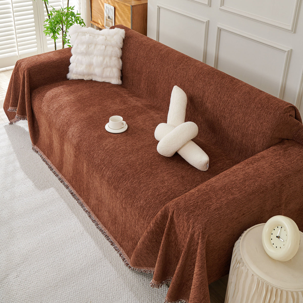 Solid Chenille Sofa Throw with Fringed Edge
