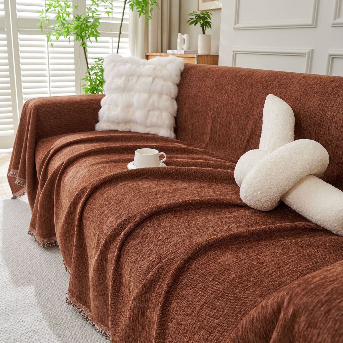 Solid Chenille Sofa Throw with Fringed Edge
