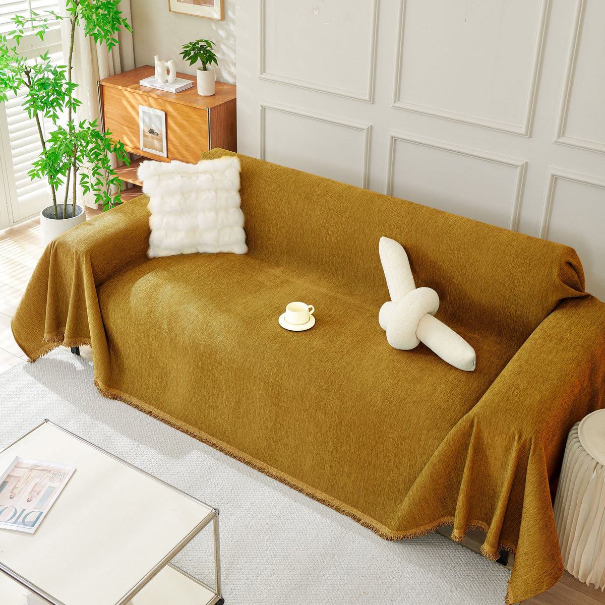 Solid Chenille Sofa Throw with Fringed Edge