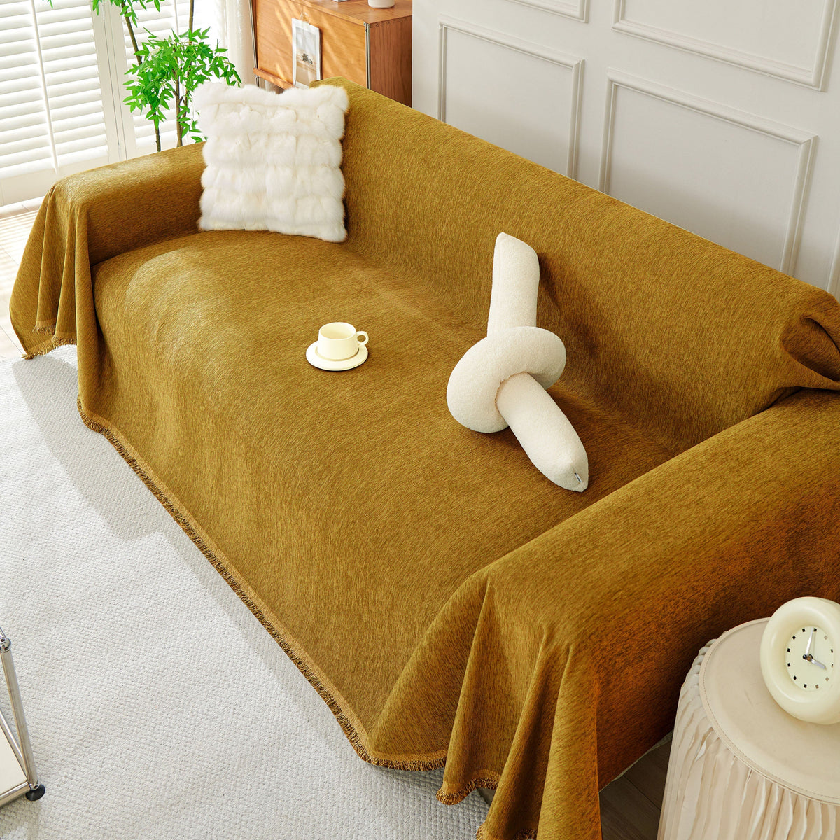 Solid Chenille Sofa Throw with Fringed Edge