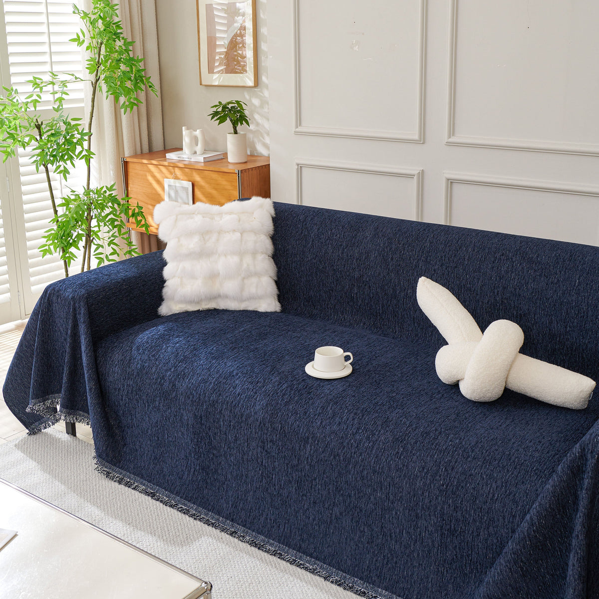 Solid Chenille Sofa Throw with Fringed Edge