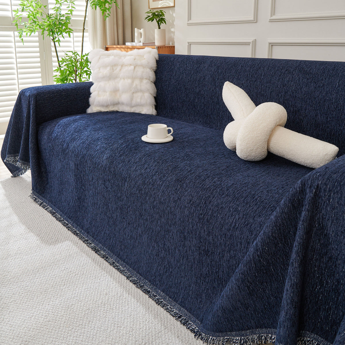 Solid Chenille Sofa Throw with Fringed Edge