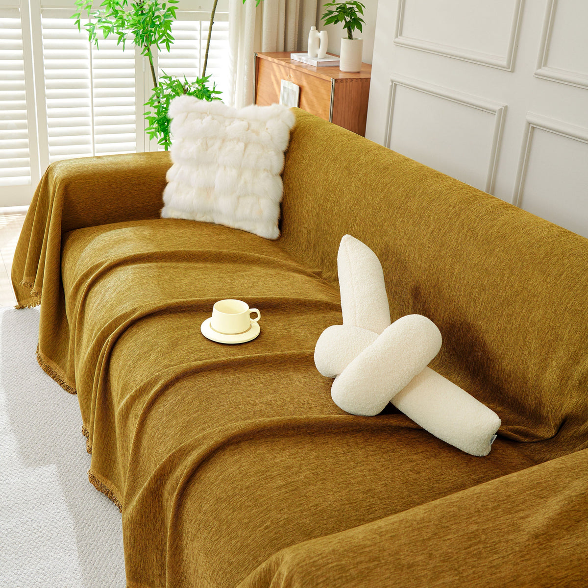 Solid Chenille Sofa Throw with Fringed Edge