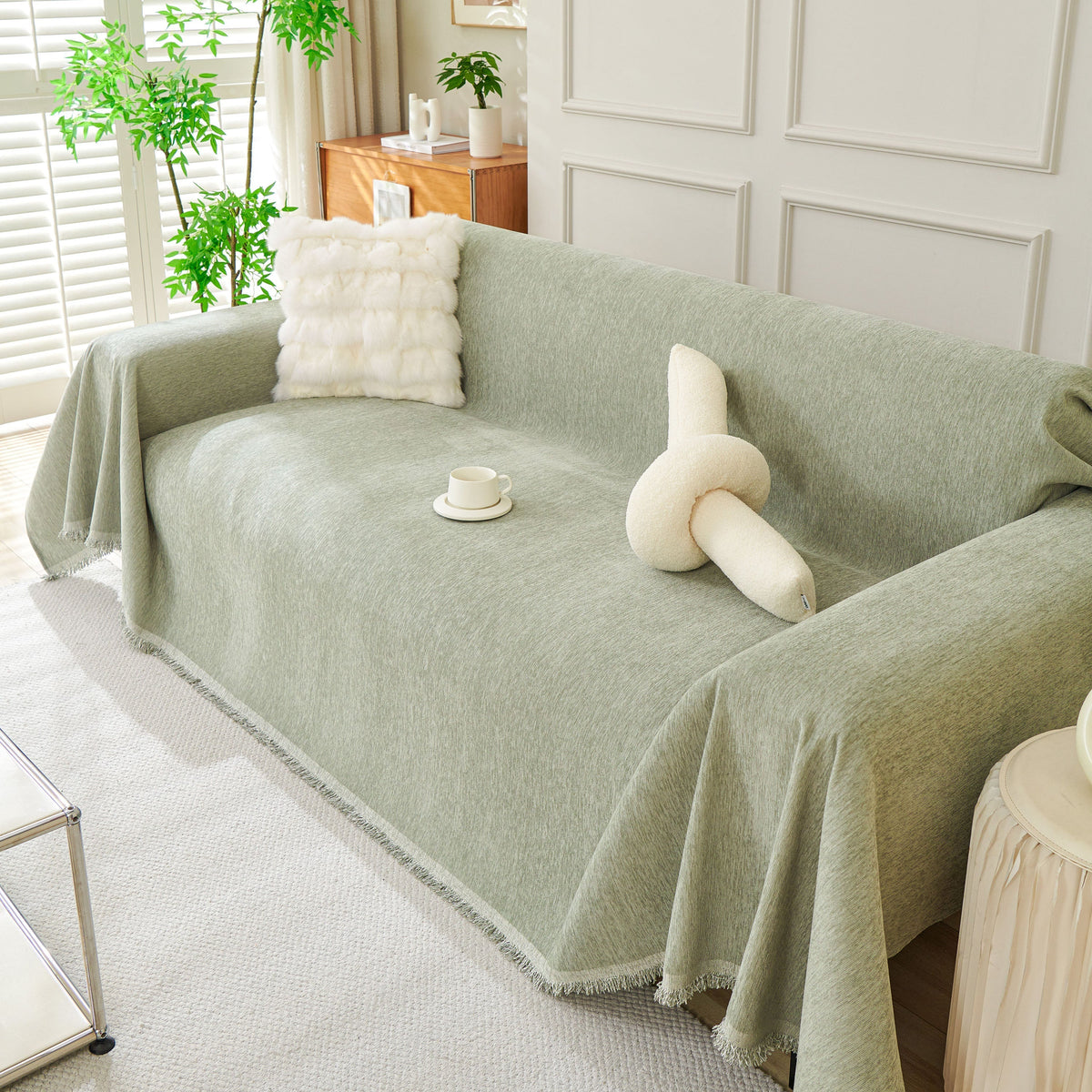 Solid Chenille Sofa Throw with Fringed Edge