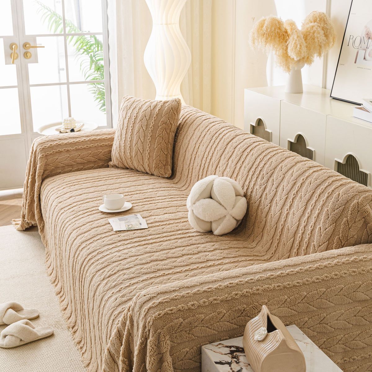 Thick Cozy 3D Cable Sofa Throw Cover, Plush Jacquard Warm Fleece Throw Blanket
