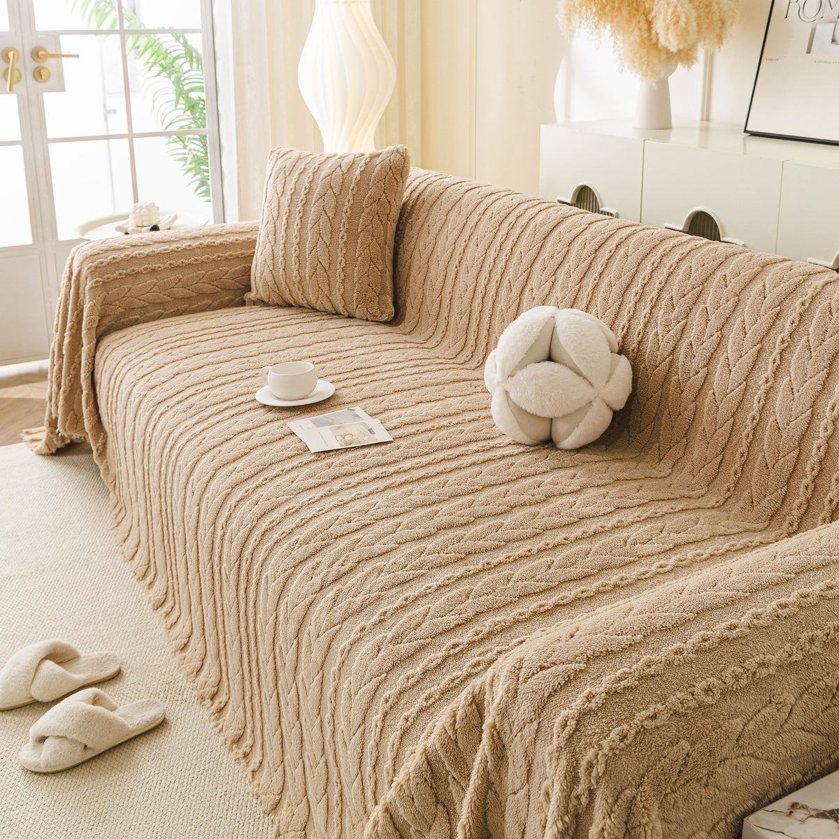 Thick Cozy 3D Cable Sofa Throw Cover, Plush Jacquard Warm Fleece Throw Blanket